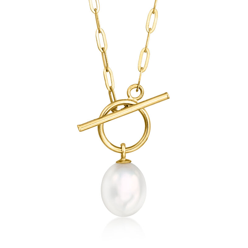 6-6.5mm Cultured Pearl Paper Clip Link Toggle Necklace in 14kt Yellow Gold image number 0