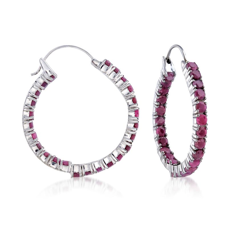 6.50 ct. t.w. Ruby Inside-Outside Hoop Earrings in Sterling Silver. 1 3/8&quot; image number 0
