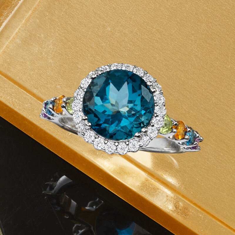 4.20 Carat London Blue Topaz and 1.00 ct. t.w. Multi-Gemstone Ring in Sterling Silver image number 3