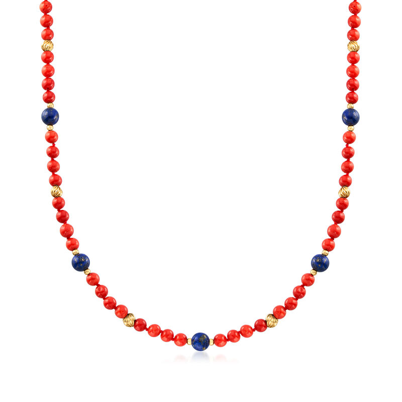 C. 1970 Vintage Coral and Lapis Bead Necklace in 14kt Yellow Gold. 29&quot; image number 0