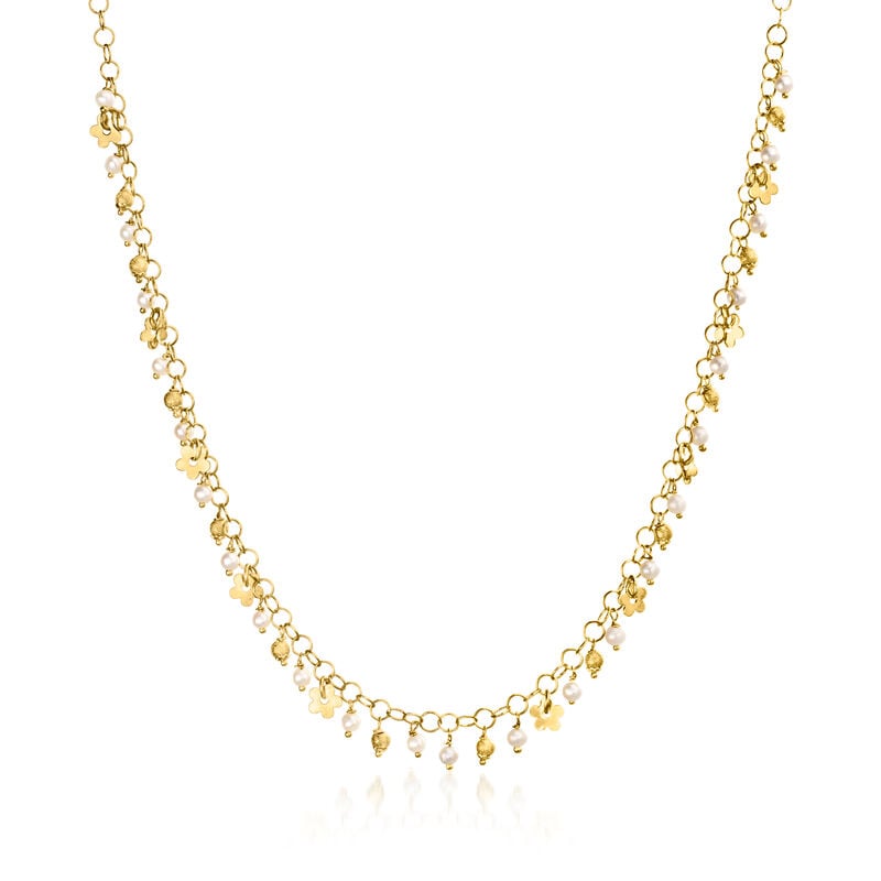 C. 1990 Vintage 3mm Cultured Pearl Flower Drop Necklace in 18kt Yellow Gold. 18" image number 0