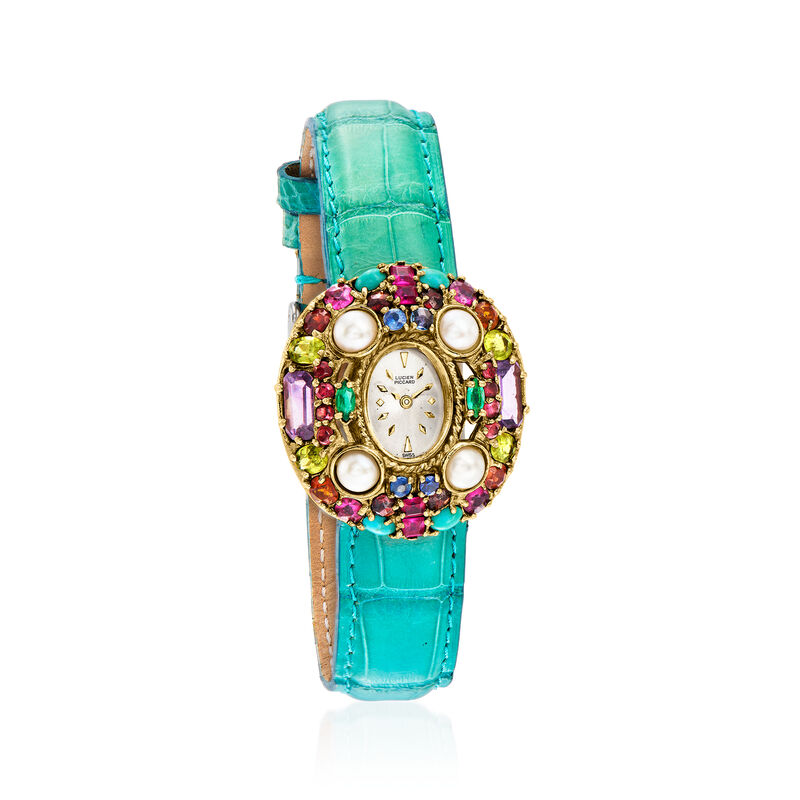 C. 1960 Vintage Lucien Piccard Cultured Pearl and 5.55 ct. t.w. Multi-Gemstone Watch with Alligator Strap in 14kt Yellow Gold image number 0