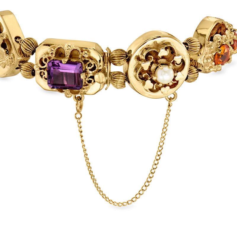 C. 1950 Vintage 1.5-5.5mm Cultured Pearl and 9.91 ct. t.w. Multi-Gemstone Slide Bracelet in 14kt Yellow Gold. 7&quot; image number 2
