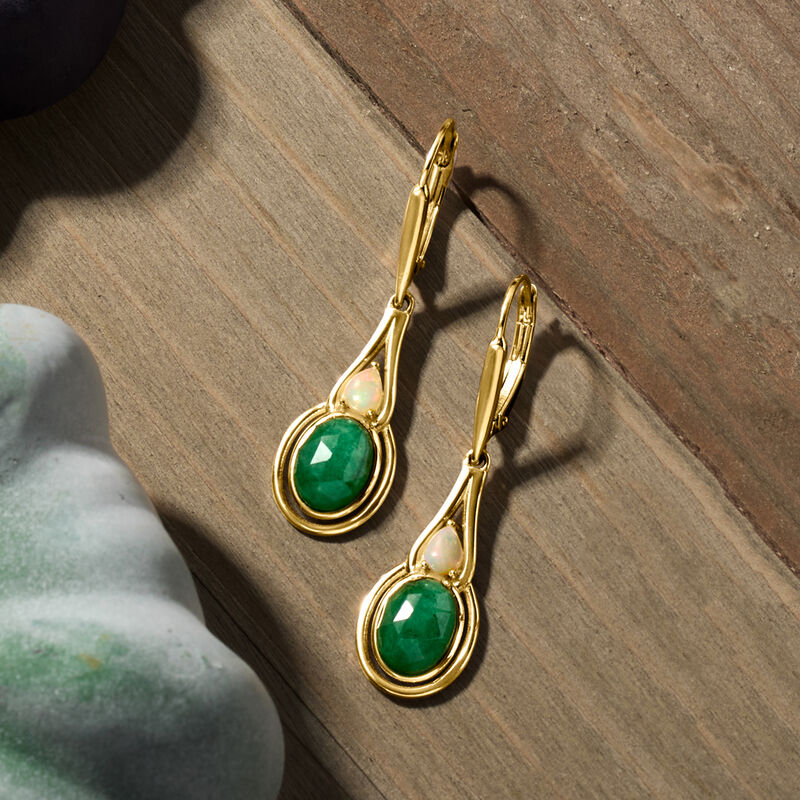 Opal and 3.00 ct. t.w. Emerald Drop Earrings in 18kt Gold Over Sterling image number 2