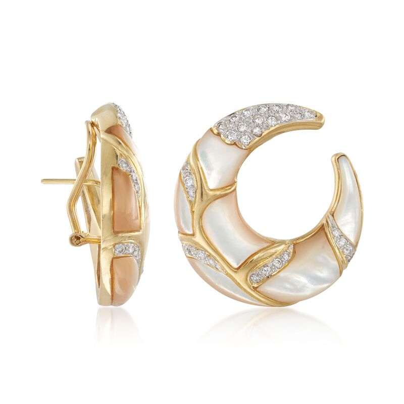 C. 1980 Vintage 1.20 ct. t.w. Diamond and Mother-Of-Pearl Half-Moon Hoop Earrings in 18kt Yellow Gold. 3/4&quot; image number 2