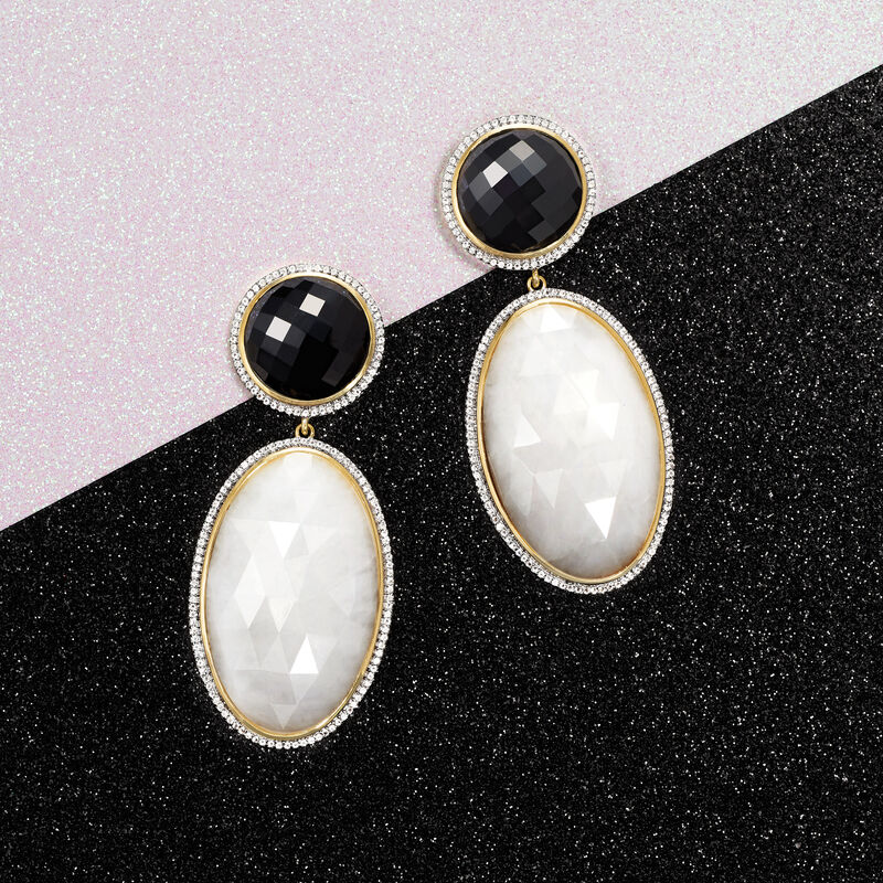 White Agate, Black Onyx and 2.10 ct. t.w. White Topaz Drop Earrings in 18kt Gold Over Sterling image number 2