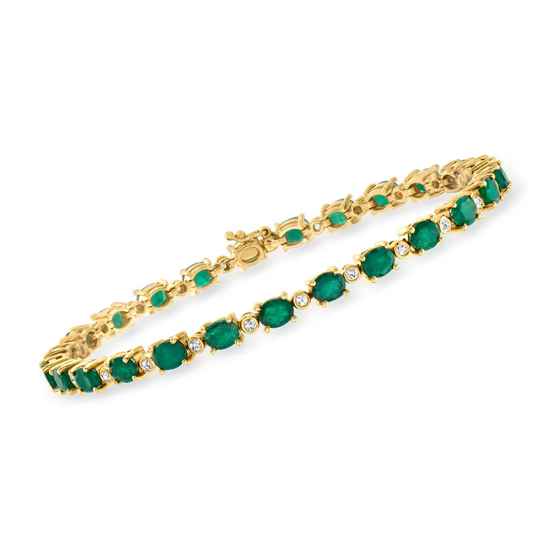 7.75 ct. t.w. Emerald and .37 ct. t.w. Diamond Tennis Bracelet in 14kt Yellow Gold image number 0