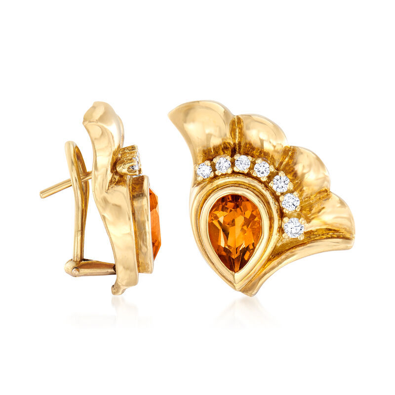 C. 1980 Vintage 1.50 ct. t.w. Citrine and .50 ct. t.w. Diamond Fan Earrings in 18kt Yellow Gold image number 2