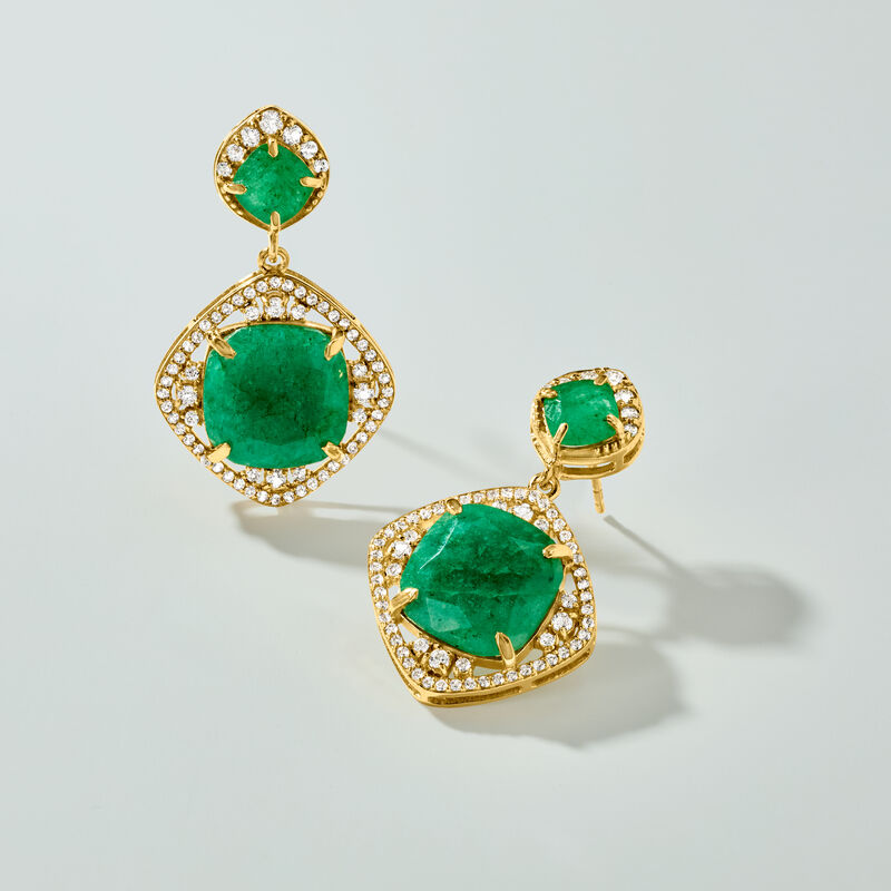 14.00 ct. t.w. Emerald and 1.60 ct. t.w. White Topaz Drop Earrings in 18kt Gold Over Sterling  image number 2