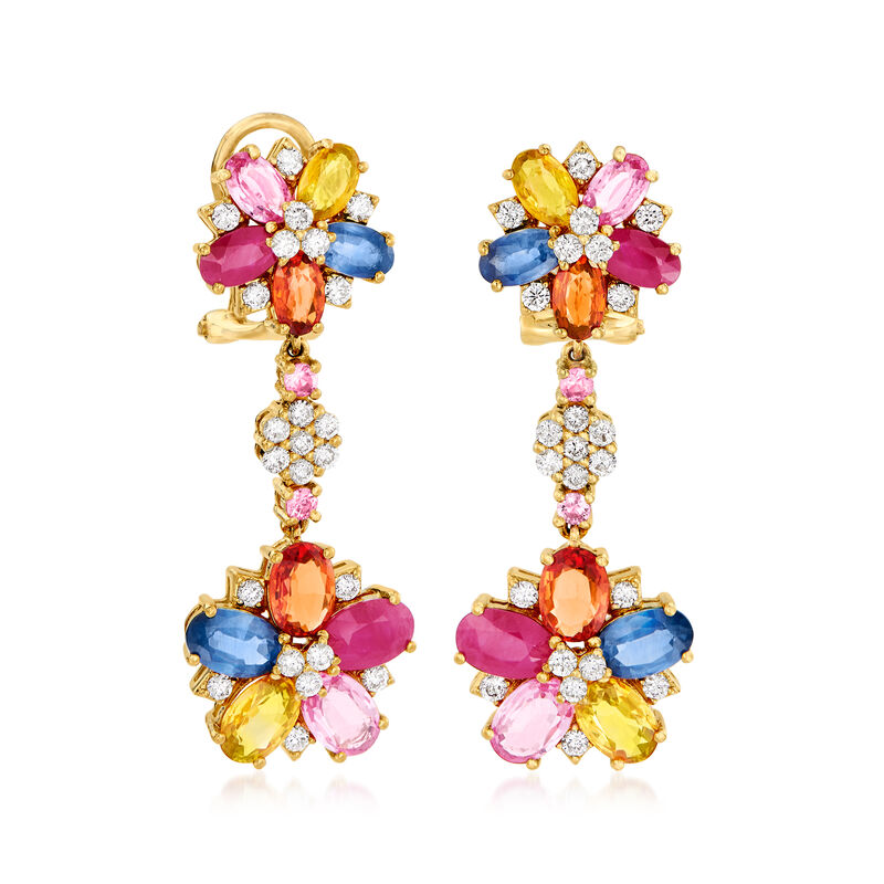 6.90 ct. t.w. Multicolored Sapphire, 1.70 ct. t.w. Ruby and .84 ct. t.w. Diamond Floral Drop Earrings in 18kt Yellow Gold image number 1