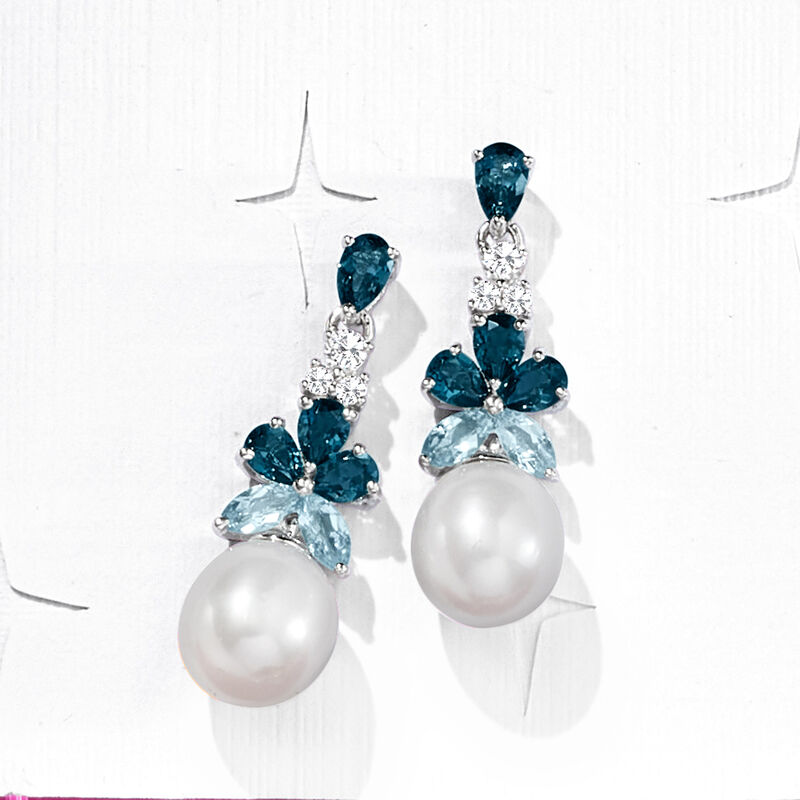 8.5-9mm Cultured Pearl and 2.30 ct. t.w. London, Sky Blue and White Topaz Drop Earrings in Sterling Silver image number 4