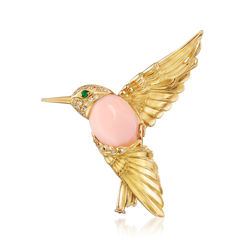 C. 1980 Vintage Pink Opal and .14 ct. t.w. Diamond Hummingbird Pin in 18kt Yellow Gold with Emerald Accents image number 0