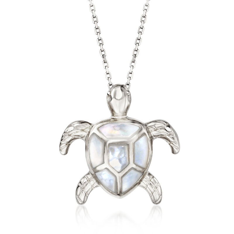 Mother-of-Pearl Sea Turtle Pendant Necklace in Sterling Silver. 18&quot; image number 1
