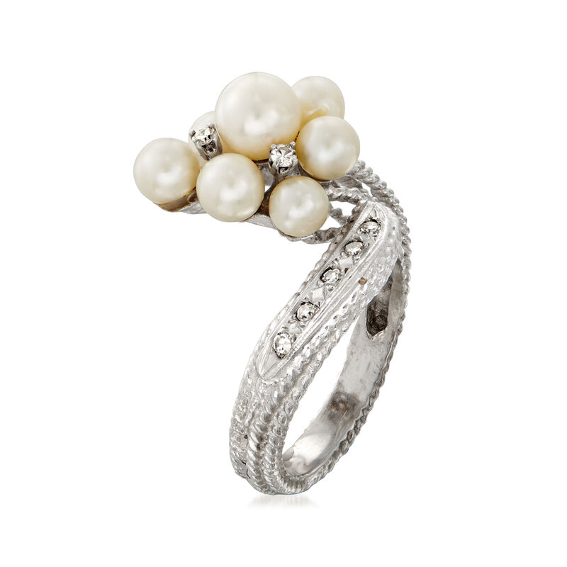 C. 1970 Vintage 4-6mm Cultured Pearl and .20 ct. t.w. Diamond Cluster Bypass Ring in 14kt White Gold. Size 7.5 image number 2