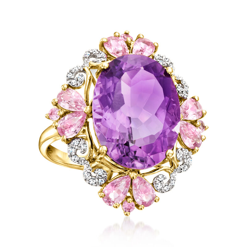 9.00 Carat Amethyst and 1.90 ct. t.w. Pink Sapphire Ring with .11 ct. t.w. Diamonds in 14kt Yellow Gold image number 3