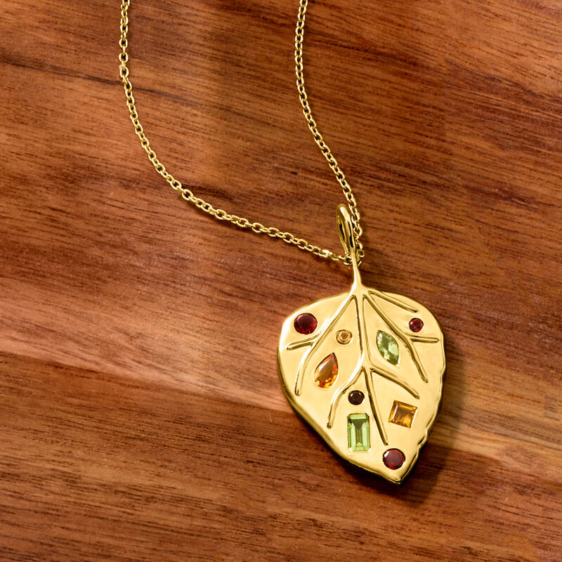 .93 ct. t.w. Multi-Gemstone Leaf Pendant Necklace in 18kt Gold Over Sterling. 18&quot; image number 2