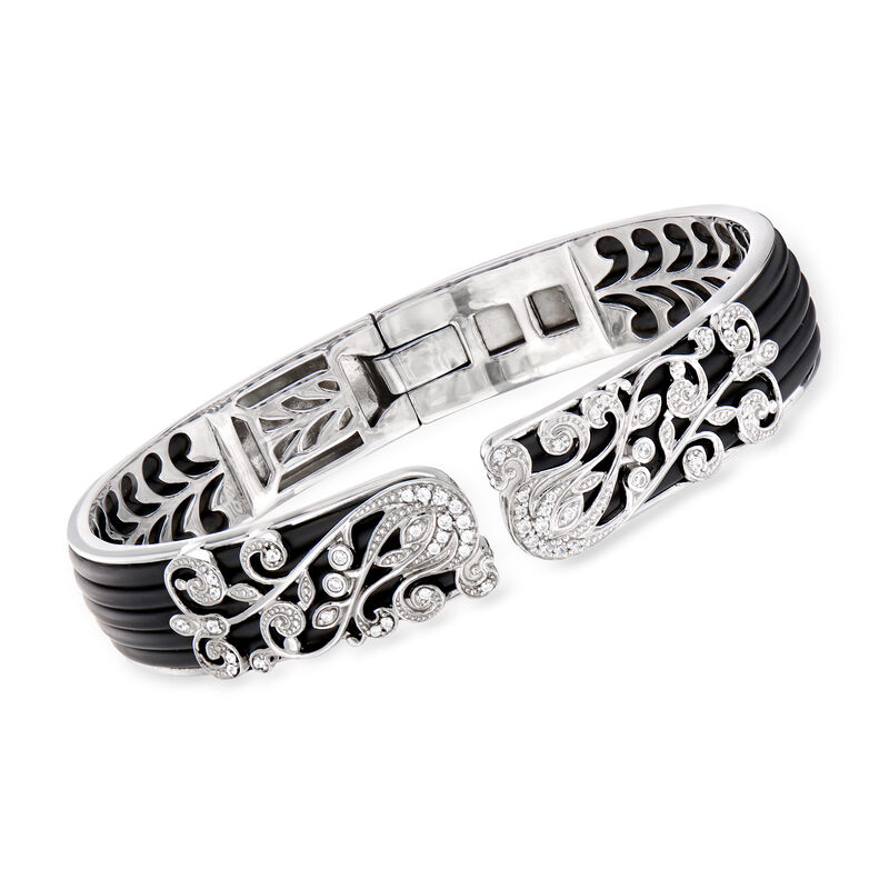 Belle Etoile &quot;Andante&quot; Black Rubber and .42 ct. t.w. CZ Bangle Bracelet in Sterling Silver. 7&quot; image number 0