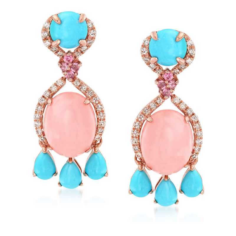 Pink Opal, Turquoise and .31 ct. t.w. Mixed Gemstone Drop Earrings in 14kt Rose Gold. image number 0