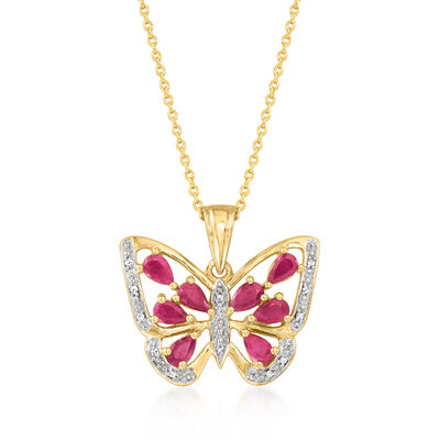 1.80 ct. t.w. Ruby Butterfly Pendant Necklace with Diamond Accents in 18kt Gold Over Sterling