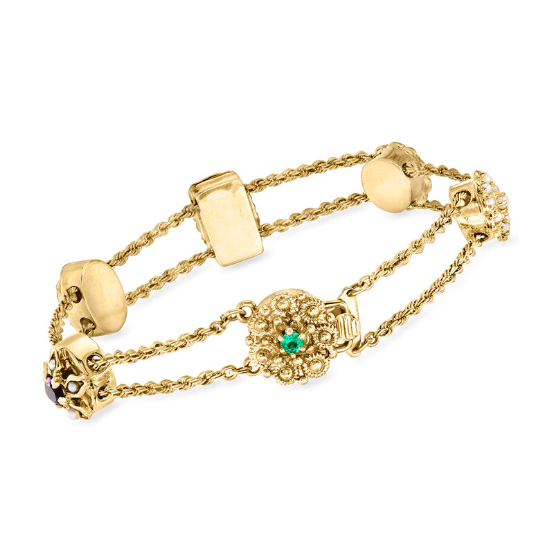 C. 1990 Vintage 1.02 ct. t.w. Multi-Gemstone Slide Bracelet with .12 ct. t.w. Diamonds and Seed Pearls in 14kt Yellow Gold. 7.25&quot; image number 2