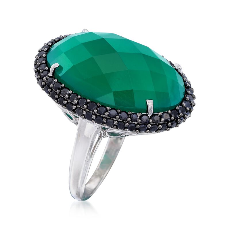 Green Chalcedony and 1.50 ct. t.w. Black Spinel Ring in Sterling Silver image number 2