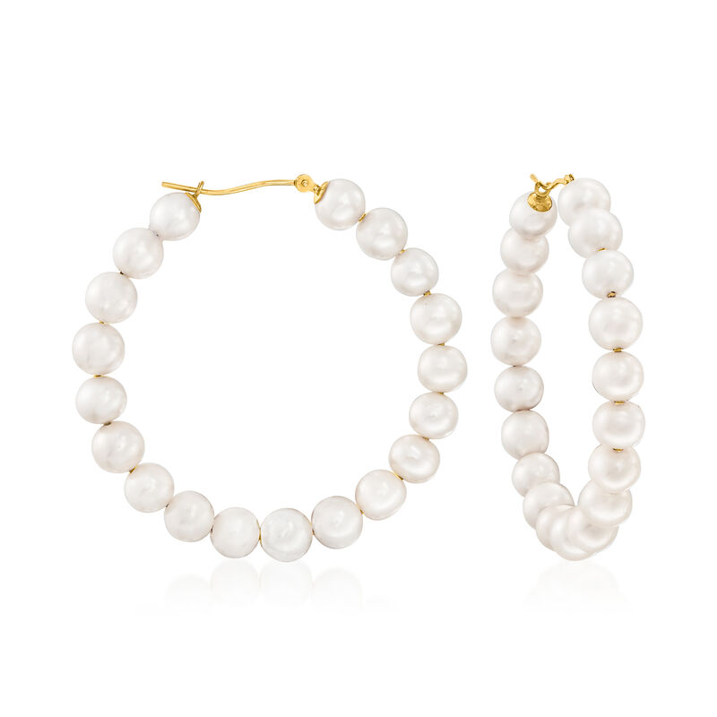 6-7mm Cultured Pearl Hoop Earrings in 14kt Yellow Gold. 1 7/8&quot; image number 0