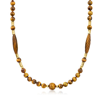 C. 1980 Vintage 10-15mm and 40x10mm Tiger Eye Bead Necklace with 14kt Yellow Gold