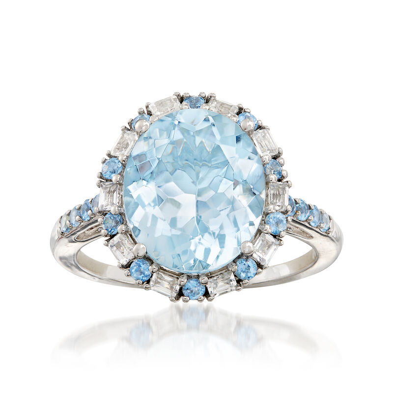 4.30 ct. t.w. Aquamarine and .40 ct. t.w. White Sapphire Ring in 14kt White Gold image number 0