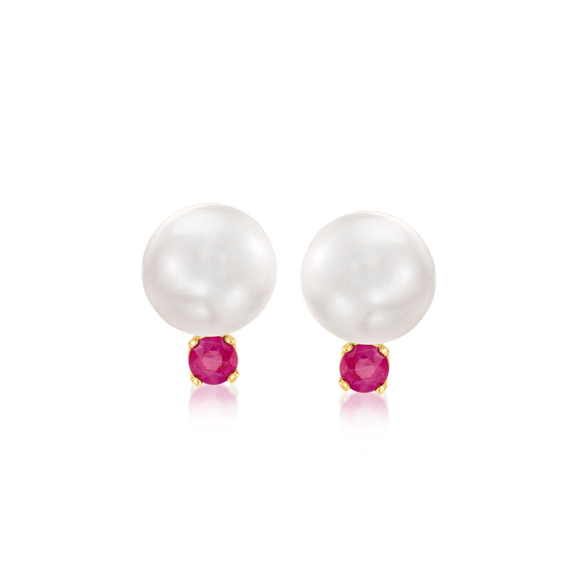 8-8.5mm Cultured Pearl and .30 ct. t.w. Ruby Earrings in 14kt Yellow Gold image number 0