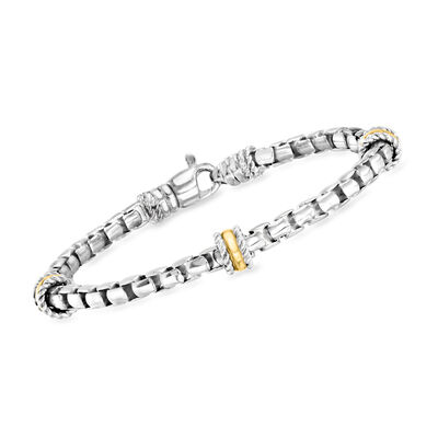 Phillip Gavriel Men's "Italian Cable" Sterling Silver Box-Chain Bracelet with 18kt Yellow Gold