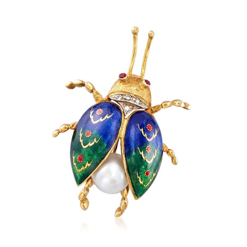 C. 1950 Vintage 8mm Cultured Pearl and Enamel Bug Pin in 18kt Yellow Gold image number 0