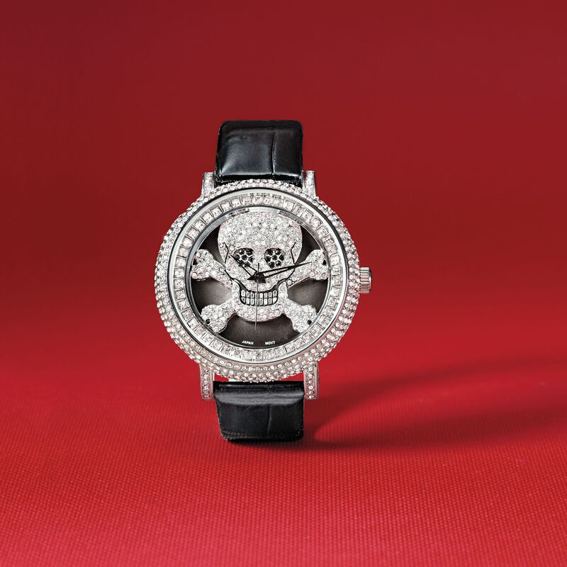 Saint James Women's 46mm White and Black Crystal Skull Watch with Black Leather image number 1