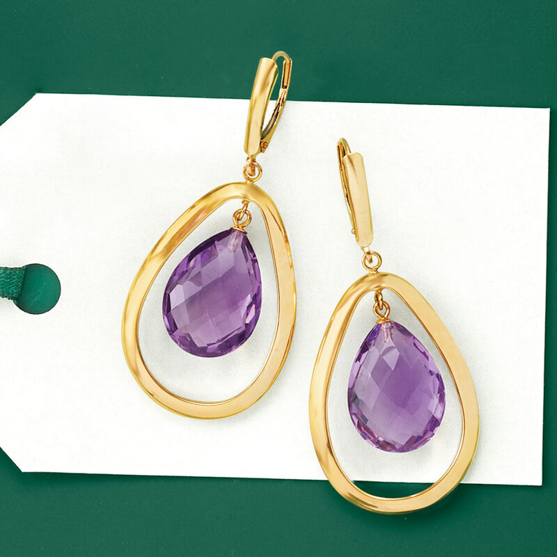 15.00 ct. t.w. Amethyst Teardrop Earrings in 14kt Yellow Gold image number 3