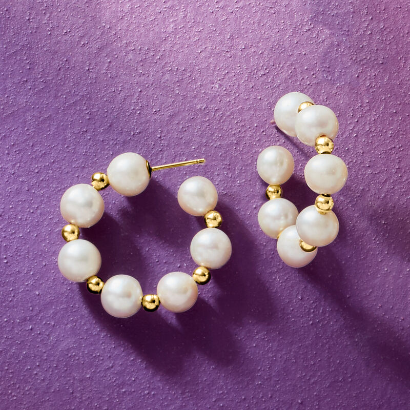 6-7mm Cultured Pearl Hoop Earrings in 14kt Yellow Gold. 1" image number 3
