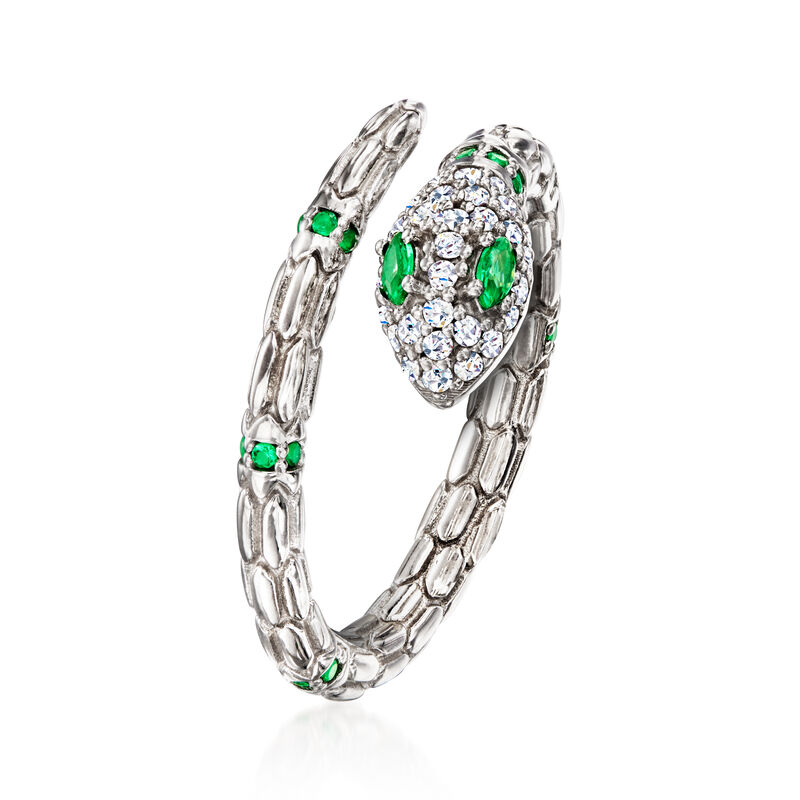Italian .14 ct. t.w. Simulated Emerald and .10 ct. t.w. CZ Snake Ring in Sterling Silver image number 2