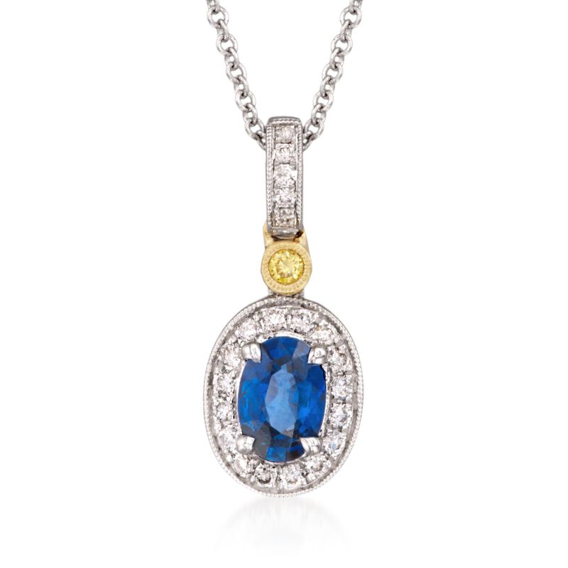 Simon G. .50 Carat Sapphire and .16 ct. t.w. Yellow and White Diamond Pendant Necklace in 18kt Yellow and White Gold. 18&quot; image number 1