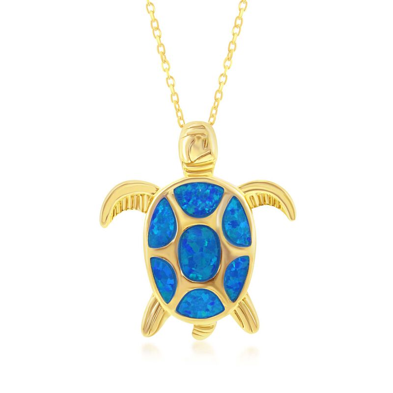 Blue Synthetic Opal Sea Turtle Pendant Necklace in 18kt Gold Over Sterling. 18&quot; image number 0