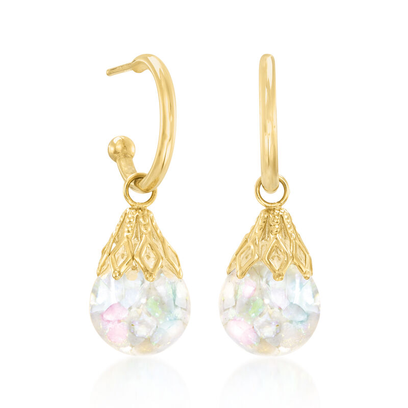 Floating Opal Removable Hoop Drop Earrings in 14kt Yellow Gold image number 2