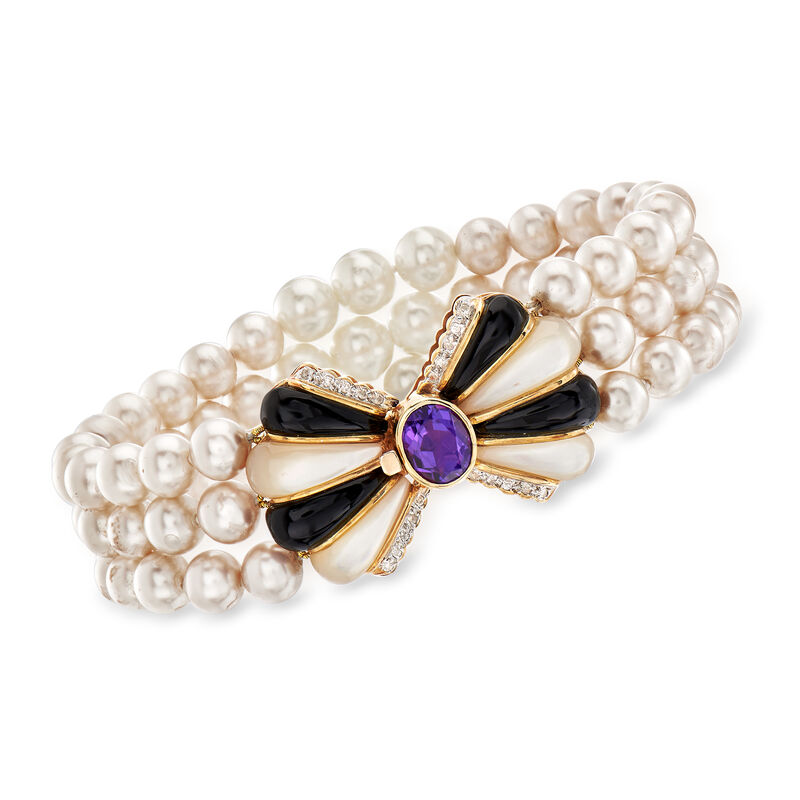 C. 1980 Vintage Cultured Pearl, Mother-of-Pearl and 2.00 Carat Amethyst Three-Strand Bracelet with Black Onyx and .20 ct. t.w. Diamonds in 14kt Yellow Gold image number 0