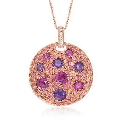 C. 2000 Vintage 3.95 ct. t.w. Multi-Gemstone Disc Pendant Necklace with Diamonds in 14kt Rose Gold