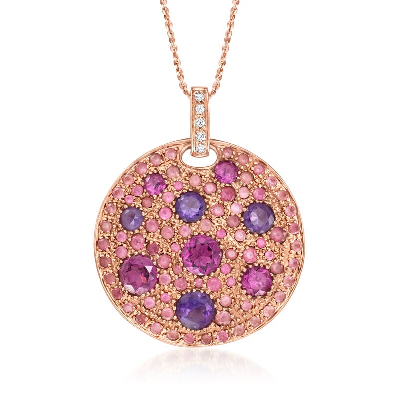 C. 2000 Vintage 3.95 ct. t.w. Multi-Gemstone Disc Pendant Necklace with Diamonds in 14kt Rose Gold. 18" image number 0