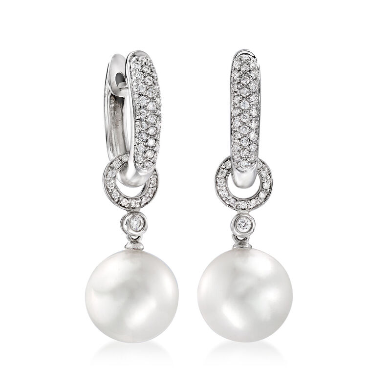 11-12mm Cultured South Sea Pearl and .49 ct. t.w. Diamond Hoop Drop Earrings in 18kt White Gold image number 0