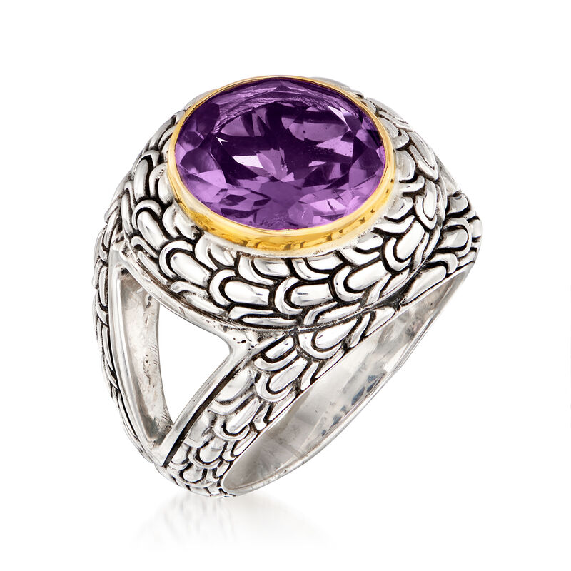 2.30 Carat Amethyst Scrollwork Ring in Sterling Silver with 14kt Yellow Gold image number 2