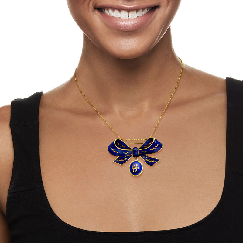C. 1930 Vintage Blue Enamel Bow Pin/Pendant with Locket in 18kt Yellow Gold image number 1