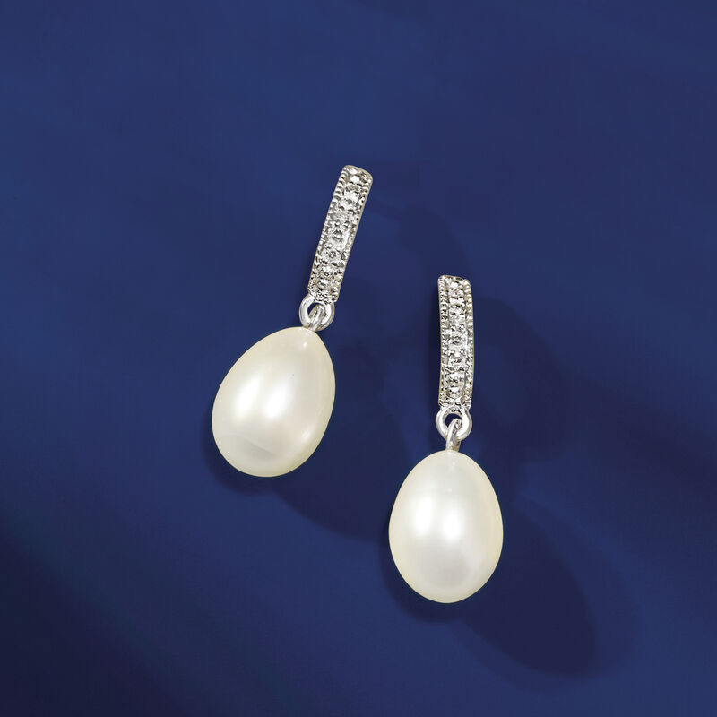 8-9mm Cultured Pearl Dangle Earrings with Diamonds in Sterling Silver image number 3