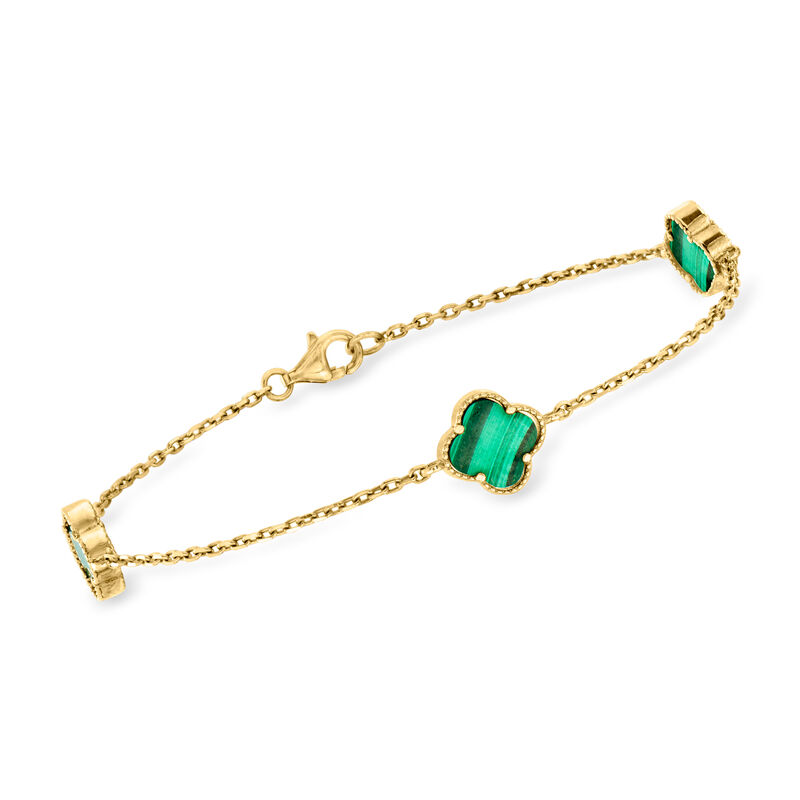 C. 2000 Vintage Malachite Clover Station Bracelet in 10kt Yellow Gold. 7.25&quot; image number 0