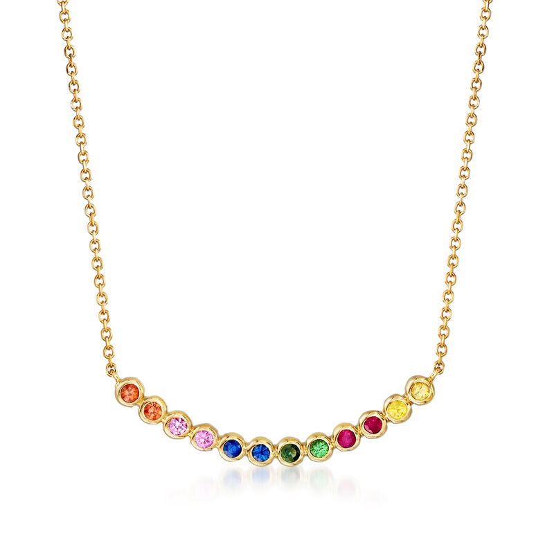 .40 ct. t.w. Multicolored Sapphire, .10 ct. t.w. Ruby and .10 ct. t.w. Tsavorite Curved Necklace in 14kt Yellow Gold. 16&quot; image number 1