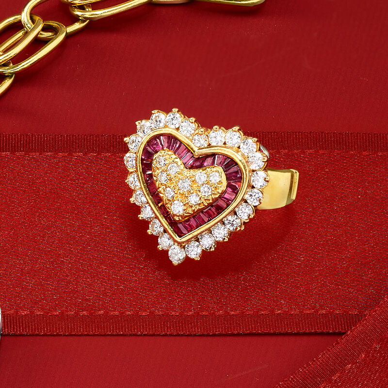 C. 1980 Vintage .75 ct. t.w. Diamond and .50 ct. t.w. Ruby Heart-Shaped Ring in 18kt Yellow Gold image number 3