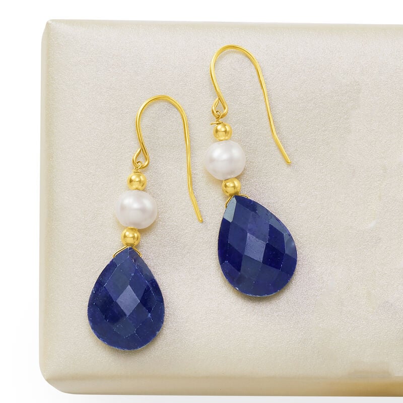 20.00 ct. t.w. Sapphire and Cultured Pearl Earrings in 14kt Yellow Gold image number 2