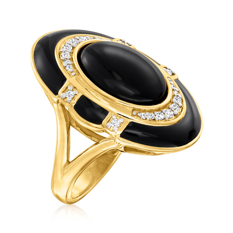 Black Onyx and .18 ct. t.w. Diamond Ring with Black Enamel in 18kt Gold Over Sterling image number 2